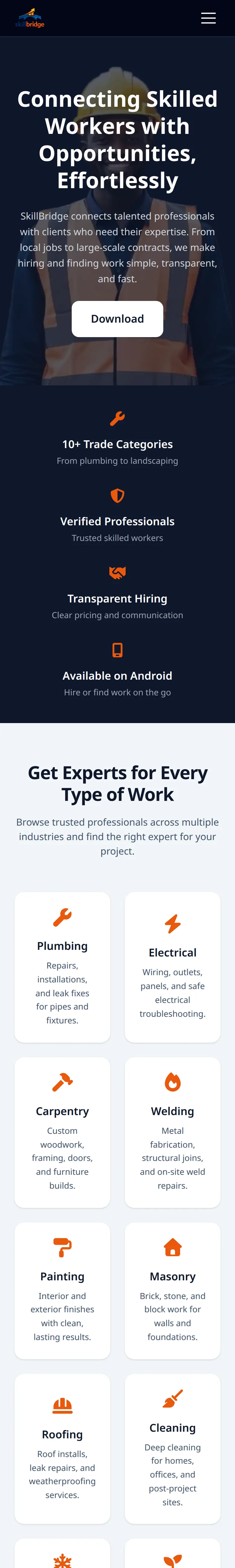 SkillBridge landing page on mobile
